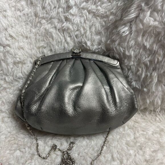 Stephanie Snakeskin  prints Rhinestone Vintage Metallic gray evening Bag. - Picture 5 of 13